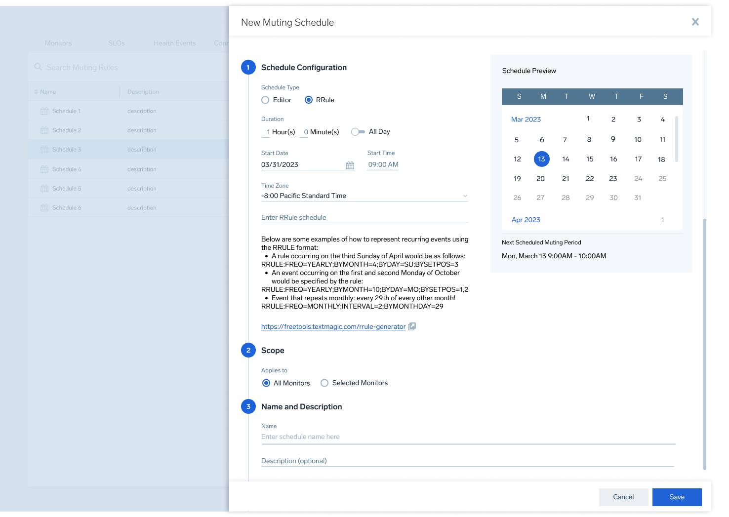 RRule schedule configuration with linked calendar preview